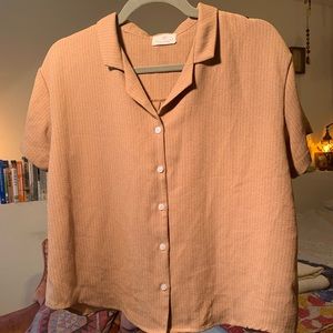 Camel button up short sleeve polo shirt with black pinstripes S/M surf vibes